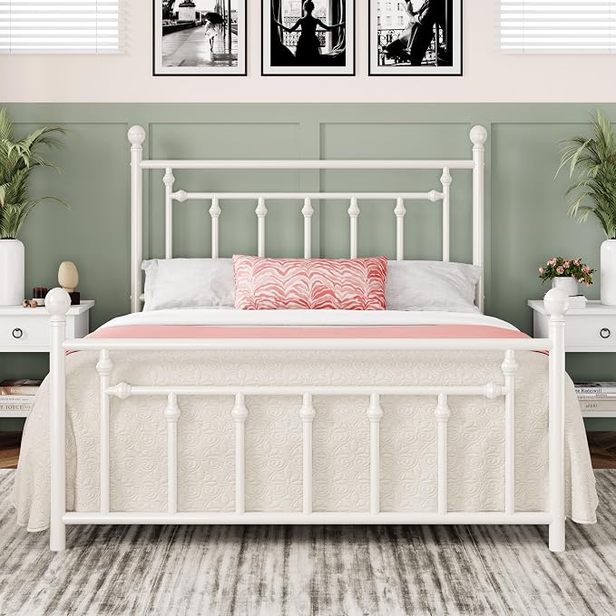 Allewie 14'' Queen Size Metal Platform Bed Frame, Vintage Headboard, White | 50'' Tall Victorian Headboard/Footboard/Mattress Foundation/Under Bed Storage/No Box Spring Needed/Easy Assembly/Noise Free