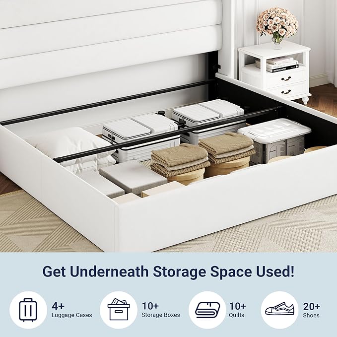 Allewie King Size Lift Up Hydraulic Storage Bed Frame White | Modern Wingback Headboard, Hydraulic Support Storage, No Box Spring Needed