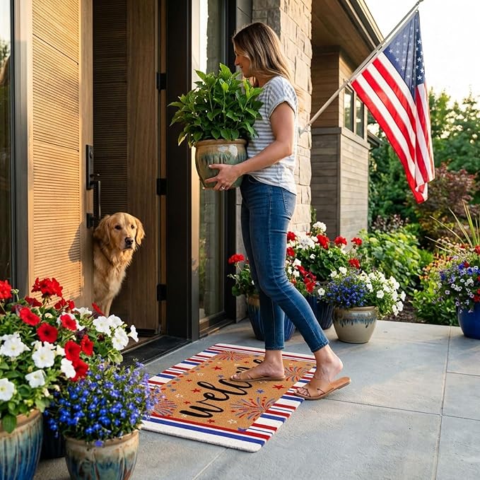 4th of July Patriotic artificial Coir Door Mat USA Red White Blue Stripe Welcome Mats 17x30 inches Star Fireworks Shell Fiber Rug Independence Memorial Day Doormat 250 Anniversary Indoor Outdoor Decor