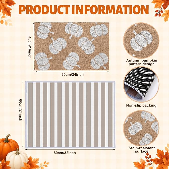 2Pcs Fall White Pumpkin Doormats Autumn Buffalo Plaid Striped Door Mats Set Outside Inside Entrance Porch Rugs Durable Scraping Wire Loop Crystal Velvet Floor Mat for Thanksgiving Decor 24x32