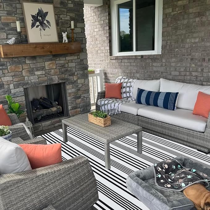 Black and White Striped Outdoor Rug 4' X 6' Front Porch Rug Cotton Hand-Woven Welcome Mats Layered Door Mats for Front Porch/Entryway/Laundry Room/Bedroom/Outdoor
