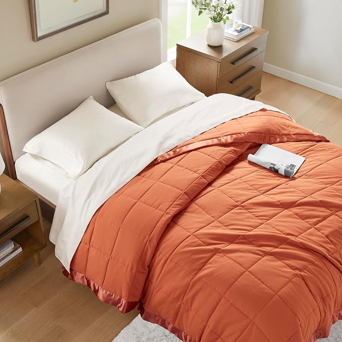 Madison Park Down Alternative King Size Blanket for Bed, Satin Trim, Orange | Lightweight Windom Blanket Premium 3M Scotchgard Moisture Wicking Treatment, OEKO TEX, Soft Bed Cover, All Season