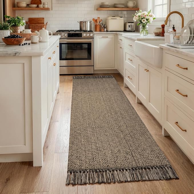 Collive Boho Washable Kitchen Runner Rug, 2.6' x 7' Natural/Black Bathroom Rugs Modern Farmhouse Hallway Runner Rug, Hand Woven Entry Hall Carpet for Laundry Bedroom Decor