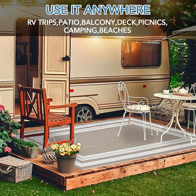 Reversible Outdoor Rug 10x14ft Waterproof Lightweight Plastic Straw Patio Carpet Easy Clean Perfect for Porch RV Deck Picnic Backyard Camping Gray/White