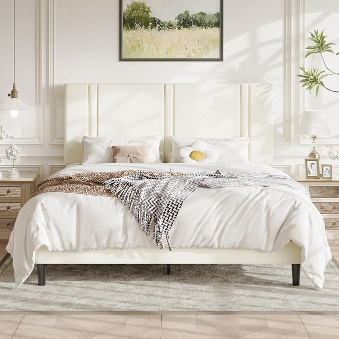 Allewie California King Size Platform Bed Frame with Adjustable Headboard | Plush Velvet Upholstered, Vertical Channel Tufted, Sturdy Wood Slats, No Box Spring Needed, Easy Assembly, Cream