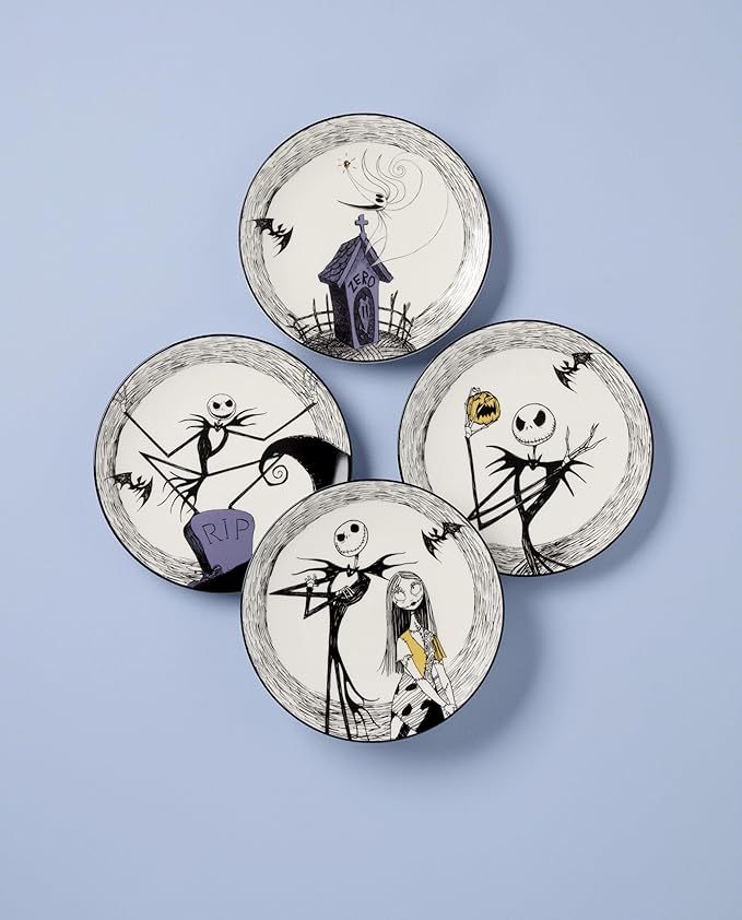 Lenox Nightmare Before Christmas Halloween Accent Plates, Appetizer Set | porcelain, dishwasher safe, microwave safe | also great as a halloween dessert plate for salad or bread
