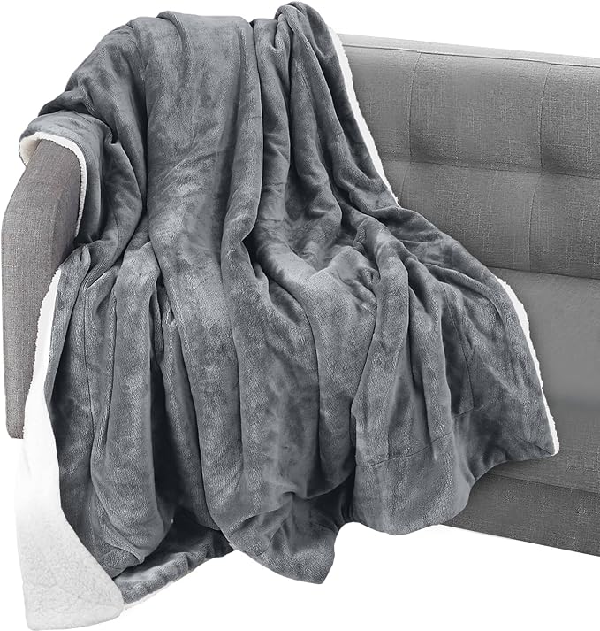 Elegant Comfort Throw Blanket, Reversible Sherpa Flannel, Ultra-Soft, Fuzzy, Cozy and Plush- All Season Lightweight Decorative Throw, 50 x 60 inches, Solid Sherpa Throw, Gray