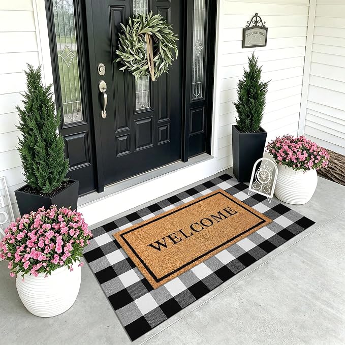 KOZYFLY Buffalo Plaid Area Rugs 3x5 Ft Black and White Checkered Rug Washable Front Door Mat Hand Woven Cotton Outdoor Rug Large Rug for Front Porch Kitchen Entryway Patio Bathroom