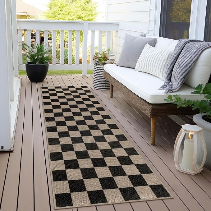 Rugalia Easy Jute Checkered Runner Rug, 2x6 Black Modern Washable Rugs Runner for Hallway Non-Slip Kitchen Runner Rug, Farmhouse Checkerboard Indoor Outdoor Carpet for Porch Laundry Entryway