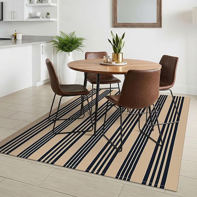 KILOCOCO Striped Rug 4x6 ft Washable Front Door Outdoor Rug, Brown Black | Cotton Front Porch Rug, Woven Living Room Rug, Low Pile Welcome Mat for Entryway, Layered Farmhouse Kitchen Patio Carpet