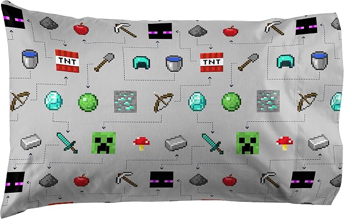 Jay Franco Kids Sheet Set with Fitted, Flat Sheets & Pillow Cover - Ultra-Soft Bedding with Pillowcase for Room Decor, Gray - Minecraft, 4 Piece Queen