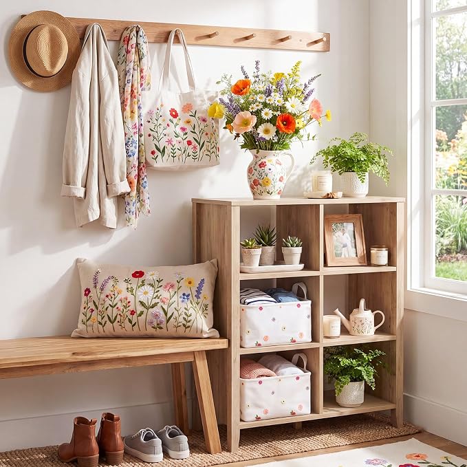 2 Pcs White Flora Storage Baskets for Shelves 14x10 in Flower Foldable Lace Mesh Storage Bin with Handle Decorative Closet Organizer for Home Decor Office Laundry Countertop Tabletop Car