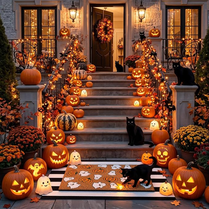 Moucuny 2 Pcs Halloween Coir Doormat Outdoor Cute Ghost Pumpkin Welcome Mat, Black and White Stripe Rug Halloween Outdoor Doormat for Front Door Porch Entryway Decor, 16'' x 28'', 24'' x 35''