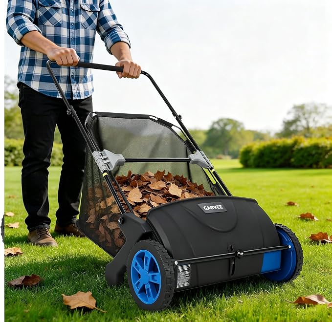 21-Inch Push Lawn Sweeper, Manual Leaf Sweeper with 3.5 Cu. ft. Mesh Bag, 2 Spinning Brushes & 10" Rubber Wheels, Walk-Behind Grass Collector for Lawn Yard Debris