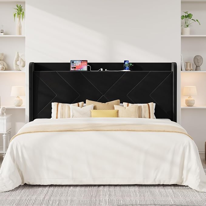 Allewie King Size Platform Bed Frame with Charging Station and Storage Shelf/Upholstered Velvet Wingback Headboard/Wooden Slats Support/No Box Spring Needed/Easy Assembly, Black