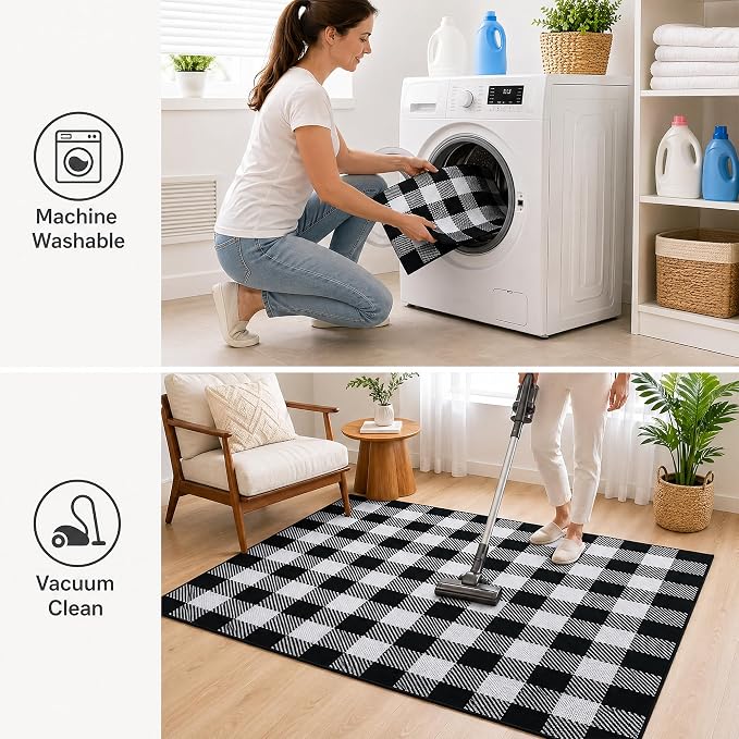 Black and White Buffalo Plaid Rug 4'x6', Machine Washable Layering Mat for Front Door, Entryway, Kitchen, Indoor Outdoor Low Profile Cotton Woven Check Rug