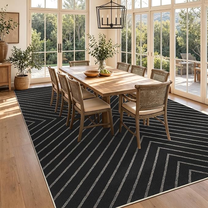 Garvee Easy Jute Rug 5x7 Rugs for Living Room, Striped Washable Non Slip Outdoor Patio Carpet, Farmhouse Indoor Area Rug Black Non Slip Carpet for Backyard Dining Room Deck 5'x7'
