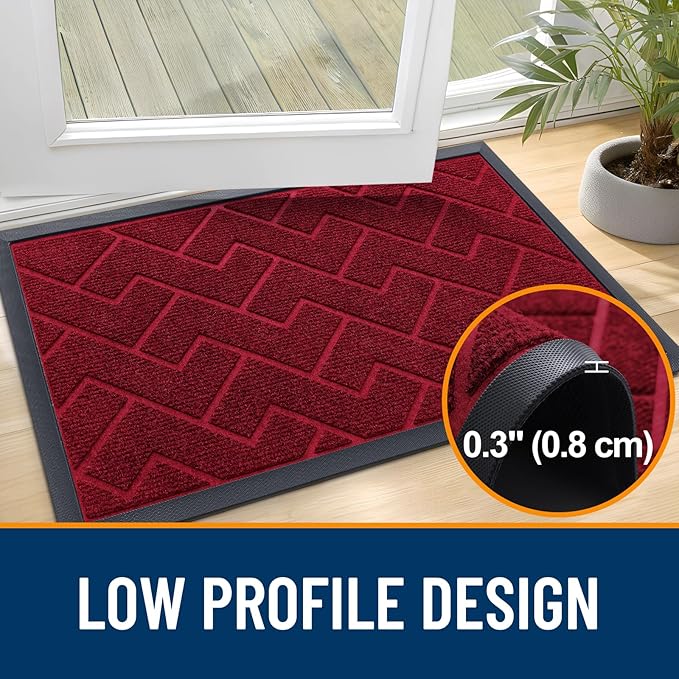 OLANLY Front Door Mat Indoor Outdoor Entrance, Waterproof All-Season, All-Weather Doormat, Sturdy Natural Rubber, Easy Clean Patio Porch Entryway Mat, Herringbone Brick (Wine Red, 29.5x17)