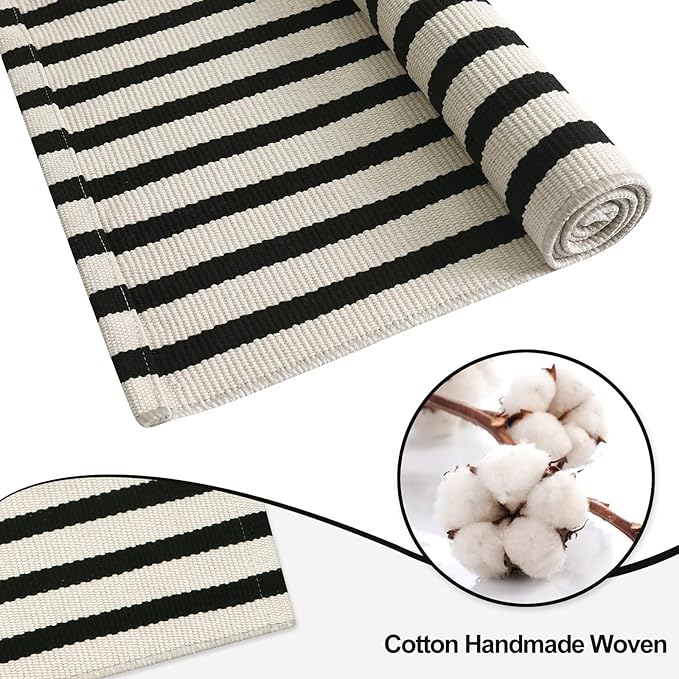 OJIA Washable Area Rugs 4'x6' Black and Cream Outdoor Rug Porch Patio Decor | Cotton Woven Entryway Rugs Indoor Striped Patio Rug Carpet for Bedroom/Front Porch/Deck/Backyard/Home Outside Entrance Decor