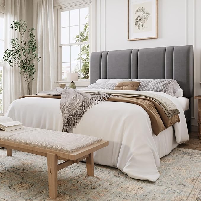 SHA CERLIN Full Size Velvet Bed Frame with Adjustable Headboard, Grey | Vertical Channel Tufted Design, Upholstered Platform Bed, Wood Slats Support/No Box Spring Needed/Easy Assembly