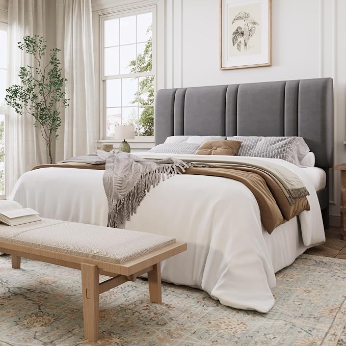 SHA CERLIN Queen Size Velvet Bed Frame with Adjustable Headboard, Grey | Vertical Channel Tufted Design, Upholstered Platform Bed, Wood Slats Support/No Box Spring Needed/Easy Assembly