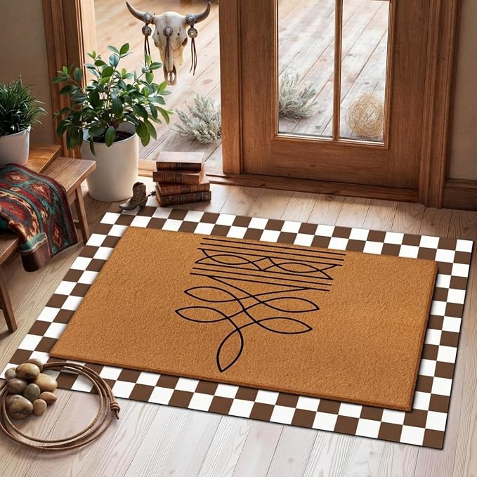 Tinideya 2 Pcs Western Door Mat Cowboy Cowgirl Welcome Non Slip Coir Mats Floor Layering Gift Boot Stitch Doormats Seasonal for Front Porch Entryway Decor