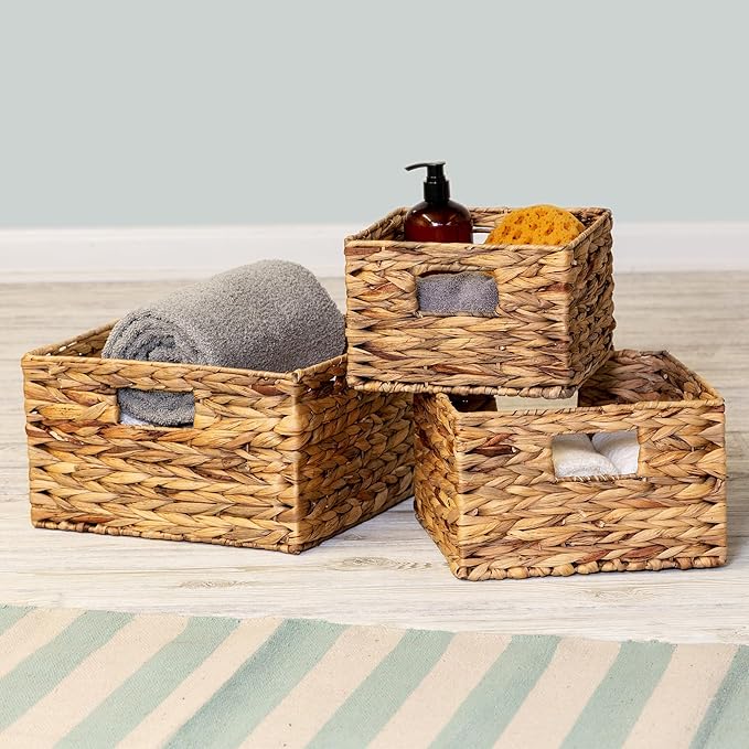 Honey-Can-Do Banana Leaf Storage Baskets –Water Hyacinth Woven Basket, Decorative Baskets for Shelves, Basket for Gifts, Closet, Pantry, and Home Organization, Set of 3, Multi-Size