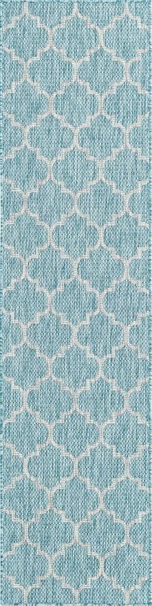 Unique Loom Trellis Collection Area Rug-Lattice Design, Moroccan Inspired for Indoor/Outdoor Décor, 2 ft x 8 ft Runner, Aquamarine/Gray