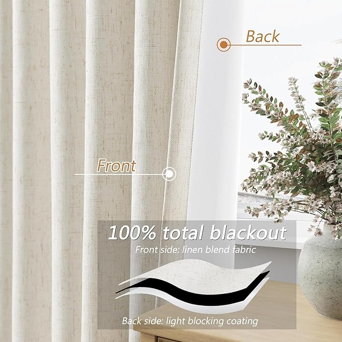 Guken 100% Blackout Cream Linen Curtains 52 Inch Wide by 140 Inch 2 Panels Set for Living Room Bedroom Back Tab Thermal Insulated Black Out Linen Drapes Room Darkening Window Curtains