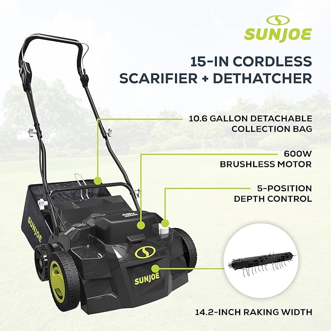 Sun Joe Cordless Scarifier & Dethatcher w/ 5 Depth Positions, 24V-X2-DTS15 | 600W Brushless Motor, 15-Inch Cutting Width - Heavy-Duty Yard Trimmer, Lawn Maintenance