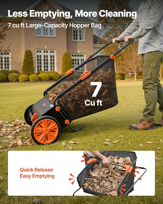 VEVOR Push Lawn Sweeper 26 in Leaf & Grass Collector 7 cu. ft. Hopper Bag | Heavy Duty Yard Sweeper with Adjustable Brush Height, Spinning Brushes, Rubber Wheels for Leaves Grass Cleanup, Black/Orange