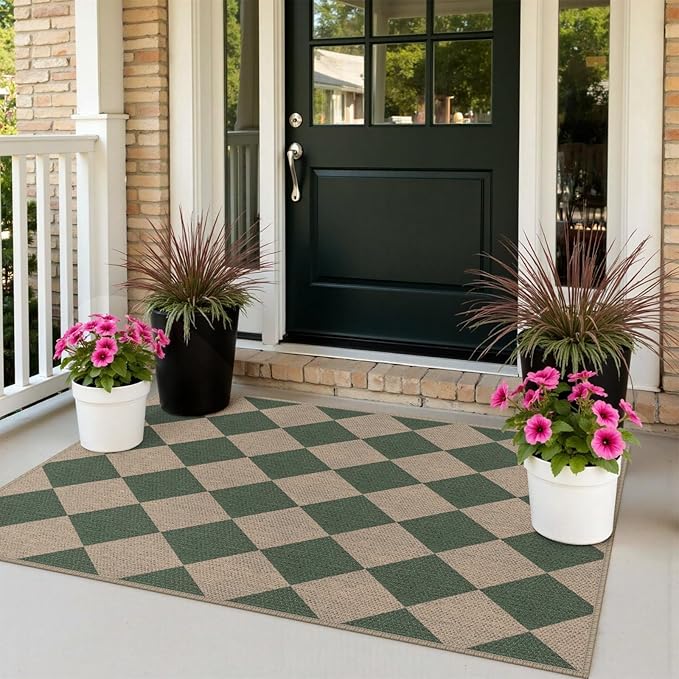 Rugalia Easy Jute Small Outdoor Patio Rug, 3x5 Green Checkered Entryway Rug Washable Modern Diamond Kitchen Rugs, Non-Slip Neutral Farmhouse Throw Carpet for Living Room Porch Backyard