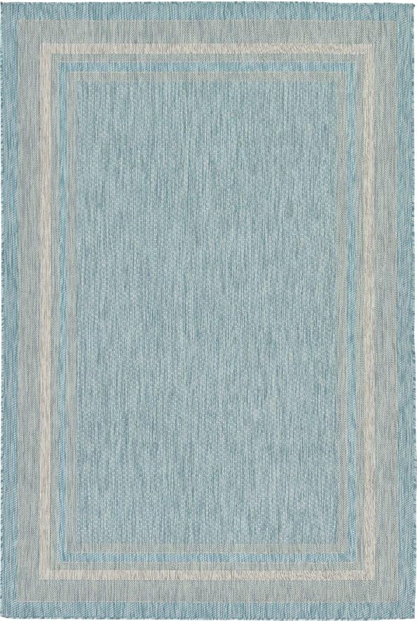 Unique Loom Outdoor Border Collection Area Rug - Soft Border (6' 1" x 9' Rectangle, Aquamarine/ Ivory)