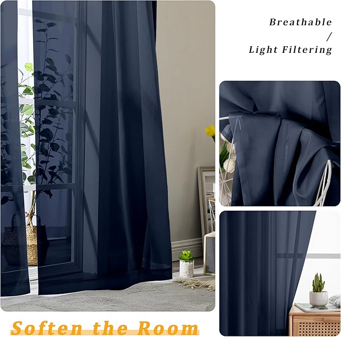 Gwine Navy Blue Sheer Curtains 63 Inch Length - Image 3