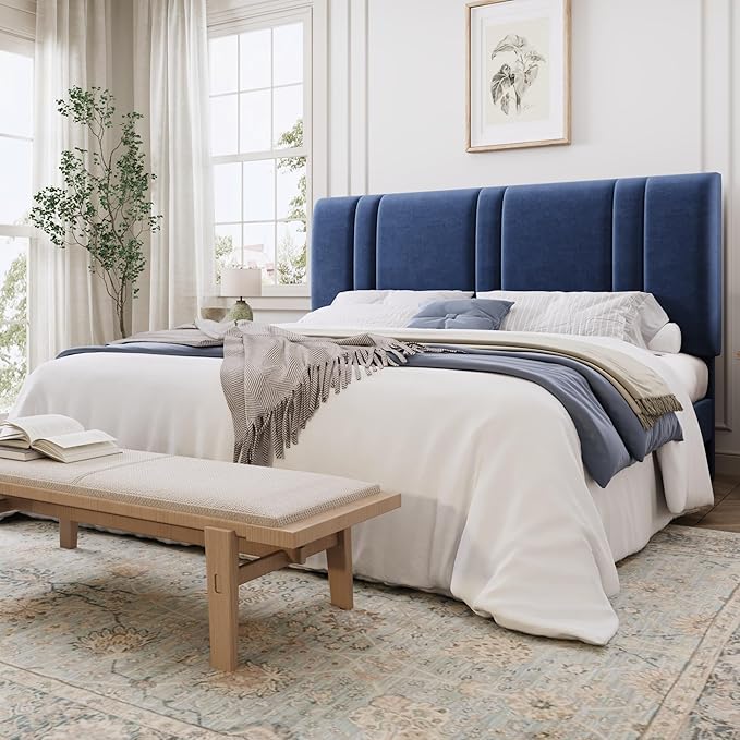 SHA CERLIN King Size Velvet Bed Frame with Adjustable Headboard, Blue | Vertical Channel Tufted Design, Upholstered Platform Bed, Wood Slats Support/No Box Spring Needed/Easy Assembly