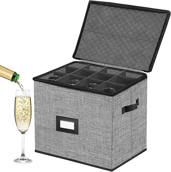 Quilted Champagne Flute Storage Box, China Storage Containers | Stemware Storage Box Hard Shell,Stackable Champagne Glass Container, Crystal Glassware, Drinkware Case for Moving Transport