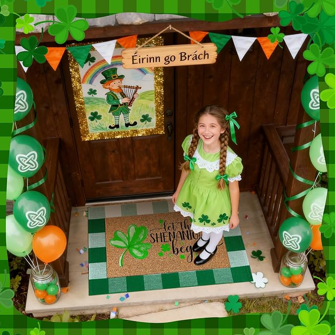 Moucuny 2 Pcs St. Patrick's Day Coir Door Mat Outdoor Rug Lucky Shamrock Welcome Outdoor Mat Green and White Buffalo Plaid Doormat for St. Patrick's Day Irish Front Door Porch Entryway Decor