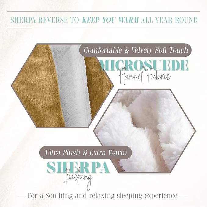 Elegant Comfort Reversible and Ultra-Plush Flannel Fleece Sherpa Throw- Lightweight Soft and Cozy- All Season Decorative Throw, Perfect for Lounging, 50 x 60 inches, Gold