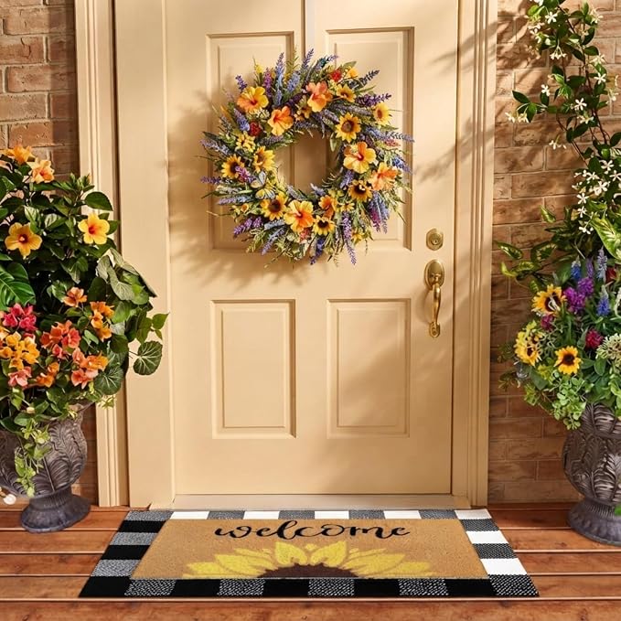Tinideya 2 Pcs Summer Door Mat Sunflower Welcome Non Slip Coir Mats Floral Buffalo Plaid Floor Layering Doormats for Home Front Door Porch Entryway Decor