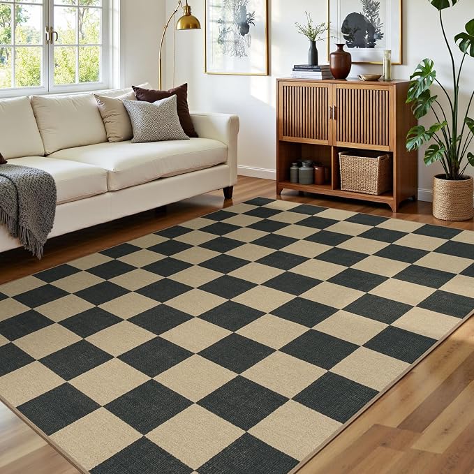 Lessymo Living Room Rugs 5x7 Checkered Washable Easy Jute Outdoor Patio Rug | Non-Slip Carpet for Dining Room Bedroom, Kids & Pets Friendly, Stain Resistant, All Vacuums Compatible, Diamond Black/Beige