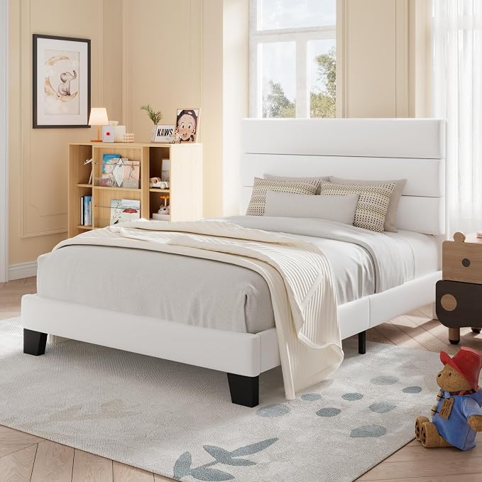 Allewie Twin Size Platform Bed Frame with Velvet Upholstered Headboard | Wooden Slats Support, Fully Upholstered Mattress Foundation, No Box Spring Needed, Easy Assembly, Noise-Free, White