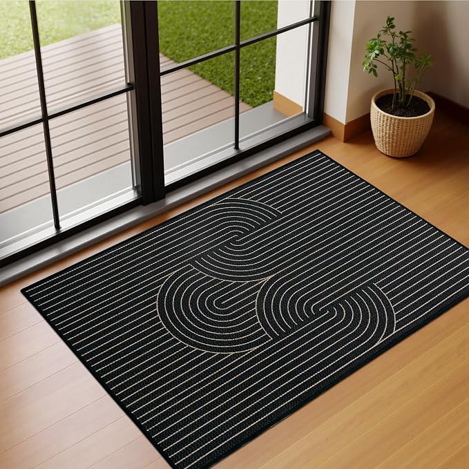 EDIMENS Easy Jute 2x3 Entryway Rug Door Mat Small Entry Rugs Indoor Outdoor | Non Slip Washable Rainbow Area Rug Farmhouse Low Pile Black Indoor Outdoor Doormat for Entrance Porch Doorway