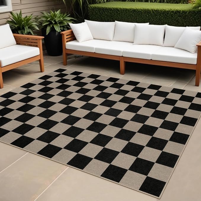 Rugalia Easy Jute Black Checkered 5x7 Area Rug, Washable Modern Rugs for Living Room Non-Slip Checkerboard Bedroom Rug, Farmhouse Indoor Outdoor Carpet for Patio Dining Room Classroom