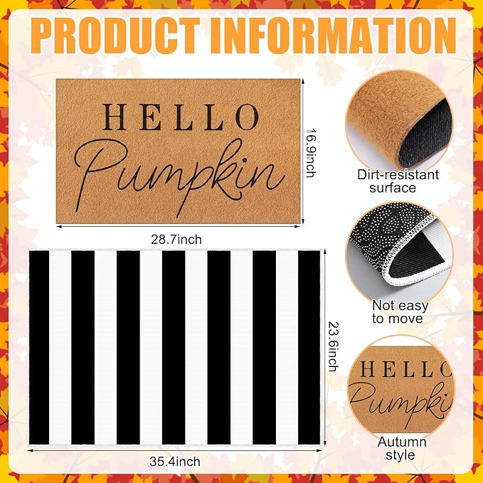 Tinideya 2 Pcs Fall Pumpkin Layering Door Mat, Hello Pumpkin Welcome Coir Mats with Black and White Non Slip Rug for Autumn Front Porch Entryway Decor