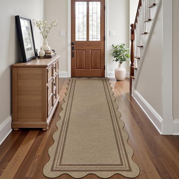 Scalloped Easy Jute 2.6x8 Kitchen Runner Rug, Washable Rugs for Entryway Non Slip Outdoor Indoor Long Rug, Farmhouse Morden Carpet for Hallway Bedroom