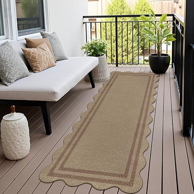 Scalloped Easy Jute 2.6x8 Kitchen Runner Rug, Washable Rugs for Entryway Non Slip Outdoor Indoor Long Rug, Farmhouse Morden Carpet for Hallway Bedroom