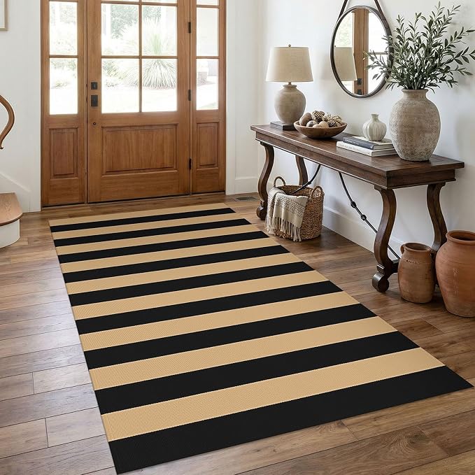 KOZYFLY 4x6 Brown and Black Striped Rug Front Door Rug Cotton Woven Washable Indoor Outdoor Rugs Entrance Layered Doormat for Front Porch Kitchen Patio Farmhouse Carpet