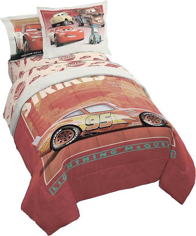 Jay Franco Kids Comforter Set Includes Sheets and Pillow Covers - Soft and Cozy Bed Set for Stylish Room Decor, Official Licensed Bedding, Red - Cars, 7 Piece Full
