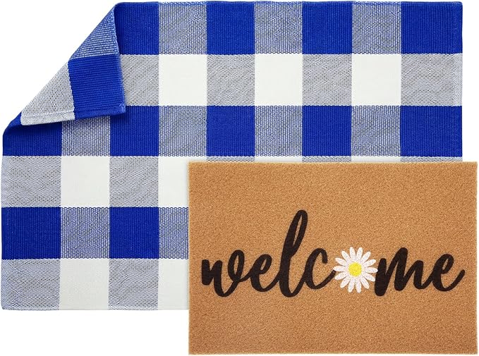 2 Pcs Outdoor Door Mat Combo Set Layered Outdoor Rug and Coir Welcome Doormat Non Slip Outside Floor Mat for Front Porch Entryway Patio Yard Decor(Blue Daisy,24'' X 35'',24'' X 16'')
