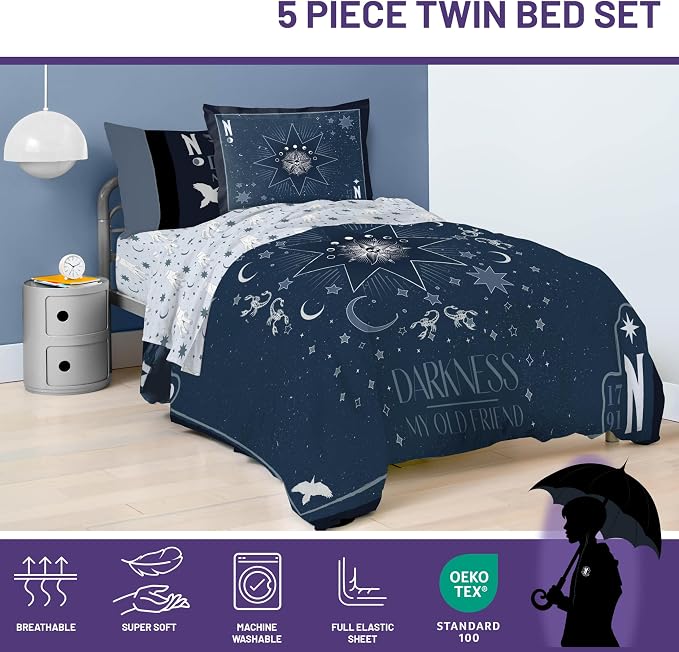 Wednesday Addams Twin Comforter Set 5 Piece Bedding for Girls, Blue | Bed in a Bag, Comforter Sheets Sham Pillowcase, Official Product, Soft Microfiber, Machine Washable, Girls Gift